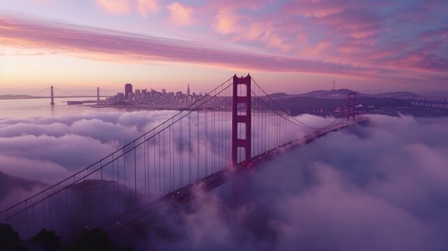 Aerial view of Golden Gate Bridge in foggy conditions