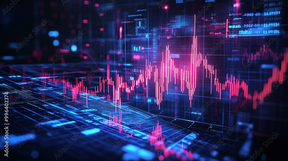 Poster digital data visualization with vibrant graphs displaying financial market trends on a futuristic in
