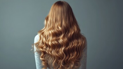 Fototapeta premium Back view of a girl showcasing long shiny healthy curls in beautiful waves