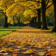 Scene showcases an idyllic autumn park surrounded by falling yellow leaves