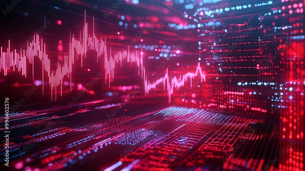 Poster digital data visualization with vibrant red and blue graphs in an abstract network environment.