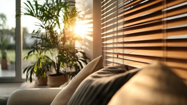Close up view of a beautifully designed interior featuring a window adorned with wooden blinds capturing the essence of natural light in a living space