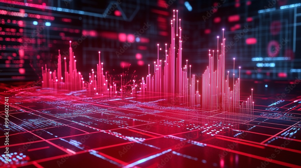 Poster digital data visualization with vibrant red graphs and circuits on a futuristic background.