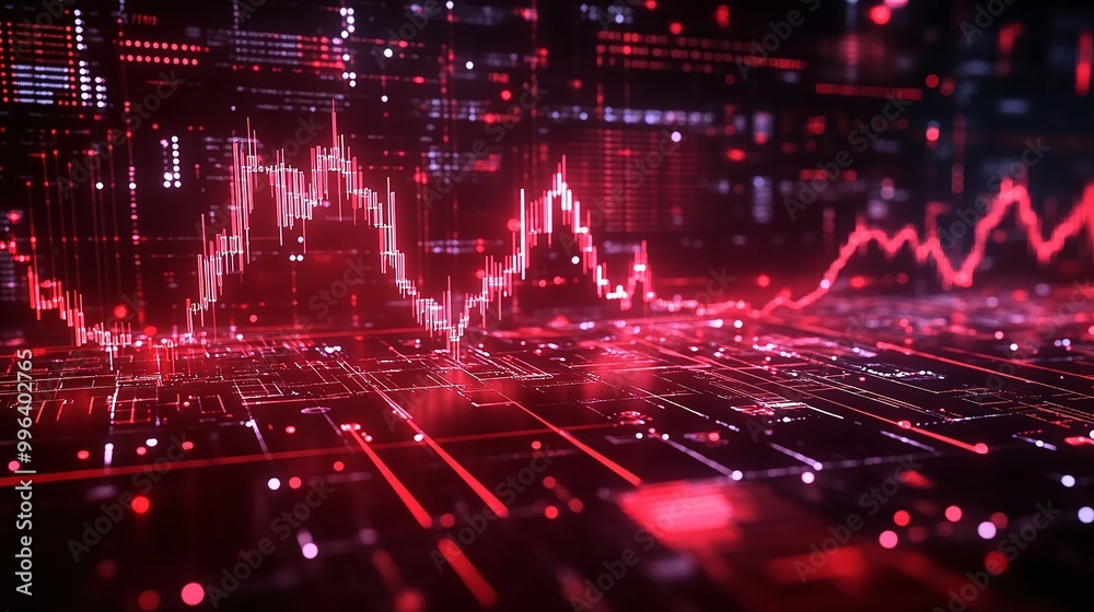 Poster digital data visualization with vibrant red graphs and grids showcasing fluctuations and trends in a
