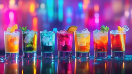 Selection of diverse hard alcoholic shots served on a bar counter with ice featuring a blurred neon backdrop