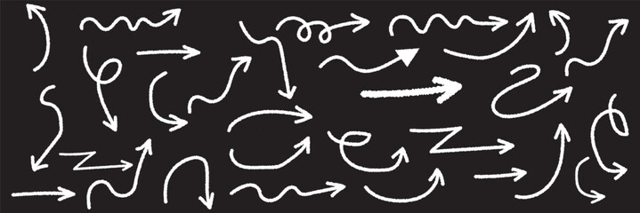 Arrow crayon brush doodle chalk line stroke. Sketch pencil texture line scribble arrow icon. Hand drawn grunge crayon brush sketch direction element on chalkboard. Vector illustration