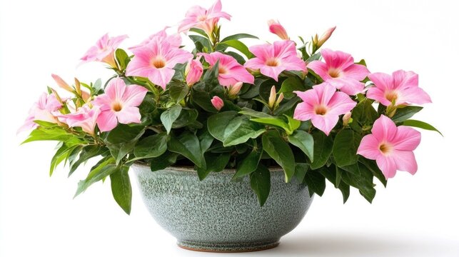 Mandevilla plant in a pot displayed from the front on a white background