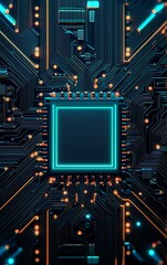Fototapeta premium Futuristic circuit board with glowing elements, dark background.