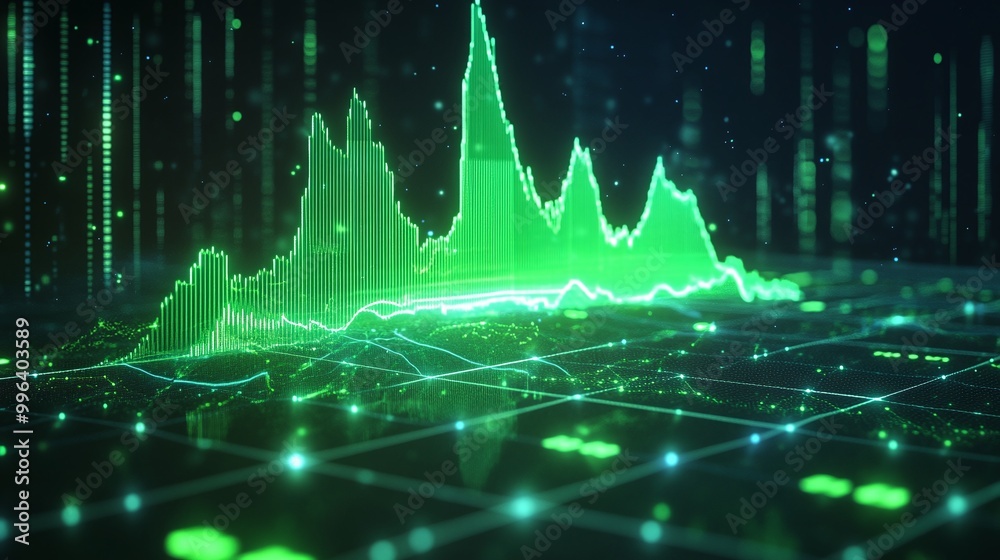 Poster digital financial data visualization with green graph representing market trends and statistics.