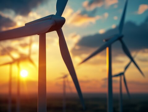 Wind turbines against a sunset backdrop, showcasing renewable energy and nature's beauty.