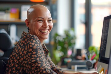 A woman sits at a desk with a computer, focusing on her work