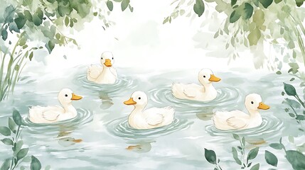 Watercolor Painting of Ducks Swimming in a Pond with Green Foliage.