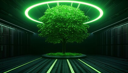 Obraz premium Futuristic tree with glowing halo in dark technology setting