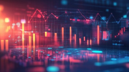 Naklejka premium Abstract business background with glowing data points, bar graphs, and pie charts illustrating business growth and market trends.