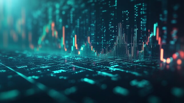 Digital financial data visualization with trade charts, numbers, and graphs reflecting market trends and insights.