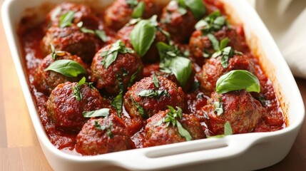 Fototapeta premium Mini rustic meatballs baked in flavorful tomato sauce and fresh basil