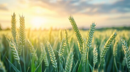 Fototapeta premium Fresh ears of young green wheat in a field during spring and summer depicted in close up against a soft blurred sky offering ample space for text