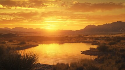 Obraz premium Golden sunset illuminating a tranquil desert vista