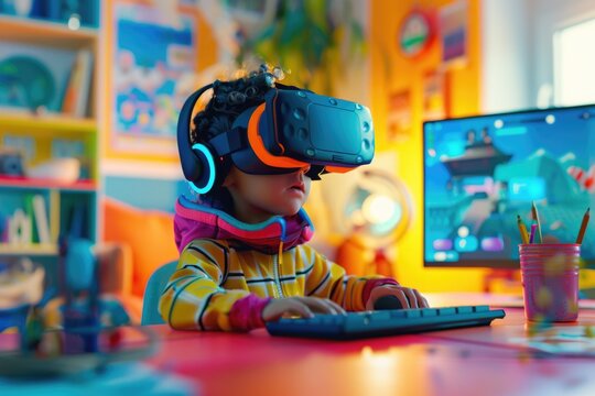 A young child enjoying virtual reality experience with a headset and computer setup, suitable for educational or entertainment purposes