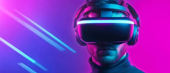 Person wearing VR headset against neon background