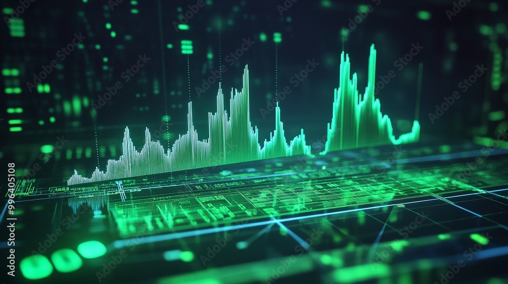 Poster digital graph chart with green data visualization on dark background for financial analysis.