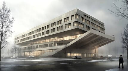 Obraz premium Modern Architectural Building with Sleek Design and Expansive Windows in Foggy Weather.