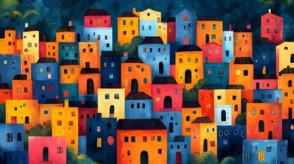 Vibrant Cityscape of Colorful Clustered Houses in Digital