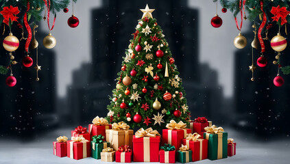 Huge decorated Christmas tree with bright lights, ornaments, and gifts underneath. Festive holiday scene with presents, glowing lights, and vibrant decorations. Christmas Spirit.