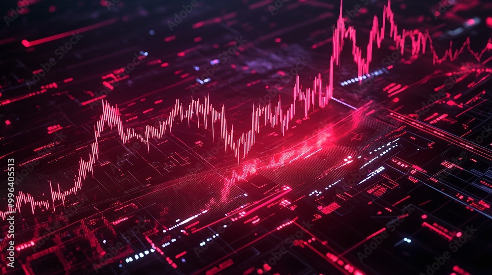 Poster digital graph with red data visualization, depicting rising trends and metrics in a futuristic data 