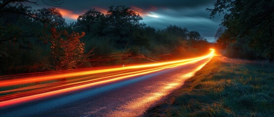 Fototapeta premium Vibrant Light Trails on Dark Scenic Road at Dusk