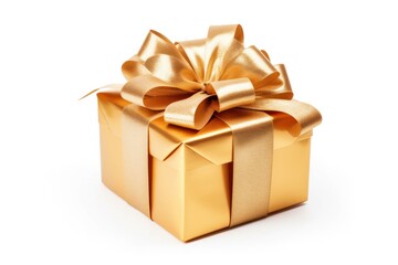 Obraz premium A beautifully wrapped golden gift box with a shimmering golden bow