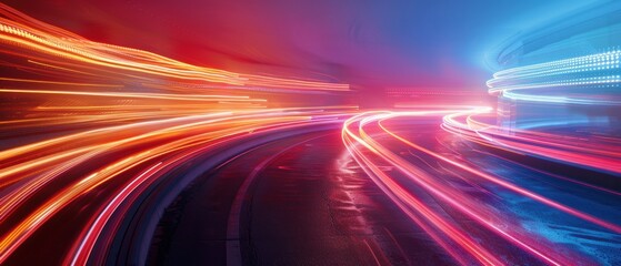 Colorful Light Trails on a Wet Road at Night