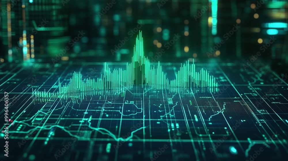 Poster digital sound wave visualization with a dynamic green graphic interface representing data analysis.