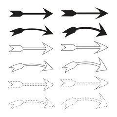 Set of Straight, Curved, and Dashed Arrows. Vector outline arrows