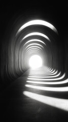 A long, dark tunnel with a bright light at the end, creating a sense of hope and mystery.