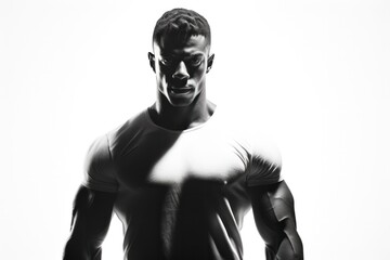 Obraz premium A black and white portrait of a muscular man with a defined six-pack, emphasizing the contrast between light and shadow