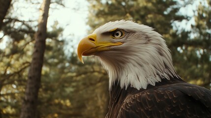 Fototapeta premium Close up of an American bald eagle featuring a profile view of its head This bird of prey symbolizes freedom and is situated amidst a backdrop of pine trees