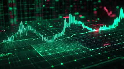 Digital stock market analysis graphic with green and red indicators reflecting price movements on a grid.