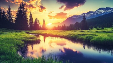 Fototapeta premium Golden hours are reflected in a crystal-clear lake in a minimalist wallpaper of a majestic mountain range.