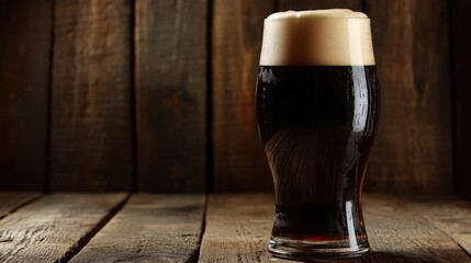 Dark craft beer freshly poured into a glass topped with a thick creamy head set against a rustic wooden background for a warm and inviting pub atmosphere