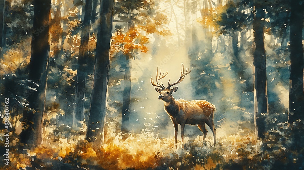 Wall mural Majestic Deer in a Sun-Dappled Forest.