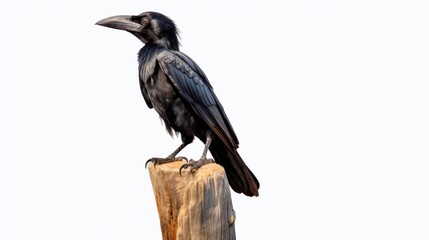Obraz premium A Black Hornbill, its sleek black plumage adorned with a touch of white, perched on a weathered wooden post