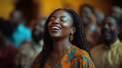 Obraz premium African American people dancing and singing at a Baptist church service, religion, Christianity, temple, faith, prayer, community, worship, christian, congregation, bible, belief, pray, praying, face