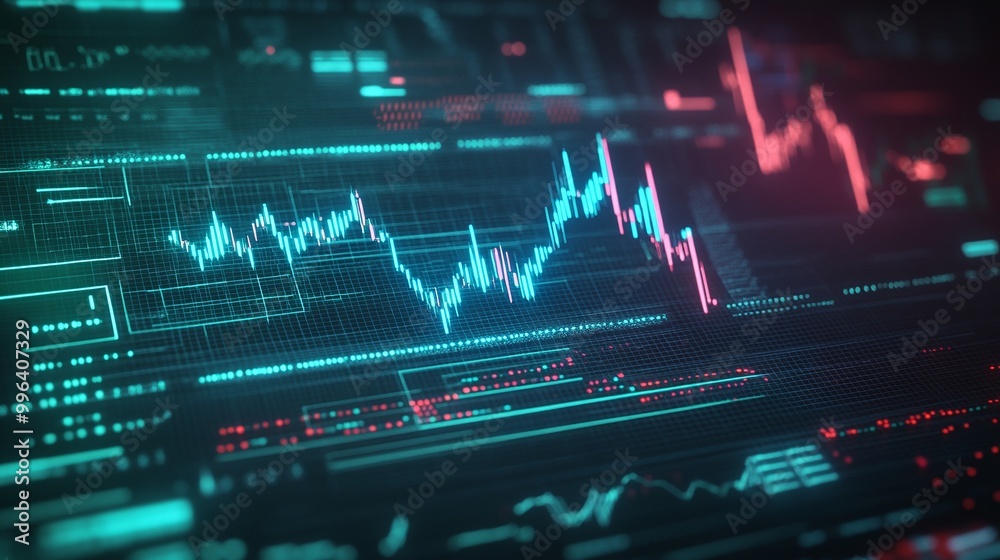 Poster digital stock market data visualization showing fluctuating graphs and financial metrics on a futuri