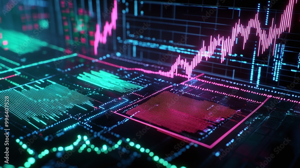 Poster digital stock market data visualization with colorful graphs and indicators on a dark background.