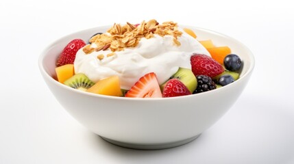 A bowl of colorful mixed fruit salad, topped with a dollop of Greek yogurt and a sprinkle of granola, arranged on a white background.