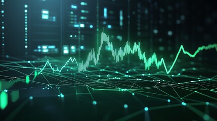Digital stock market data visualization with green graph lines on a dark background.