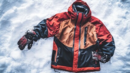 Winter Essentials - Stylish Snowboard Jacket and Warm Gloves Resting on Snowy Ground