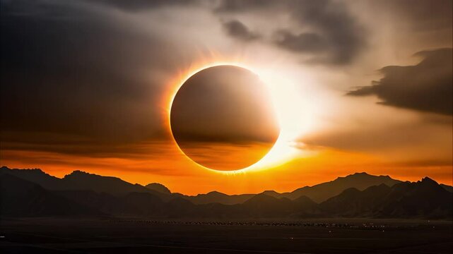 A stunning total solar eclipse over a mountainous landscape, with the sun's corona visible around the moon.