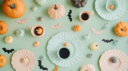 Pastel-colored plates and cups arranged with Halloween-themed decorations, including small pumpkins and bats, on a soft green tablecloth.